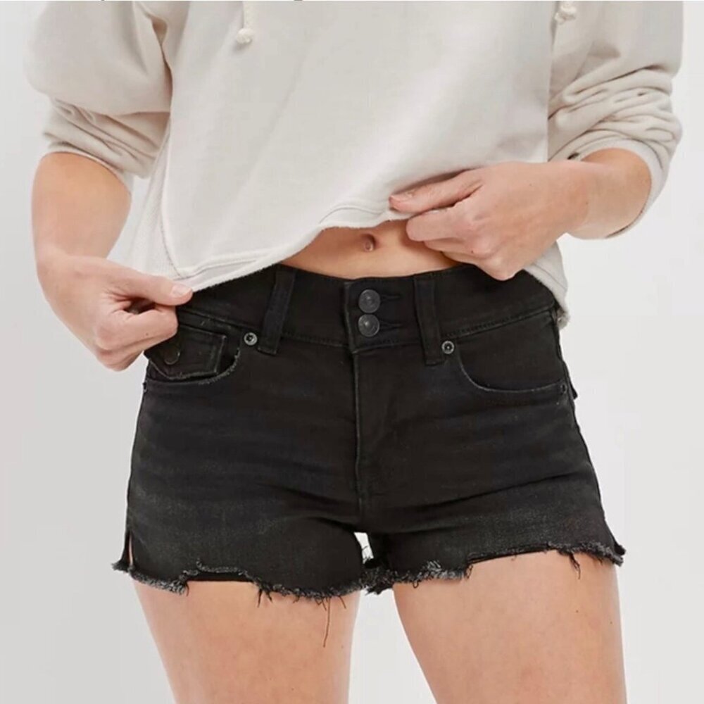 American Eagle 16 Shortie Denim Women’s Shorts Faded Black Cutoffs Flap Pockets